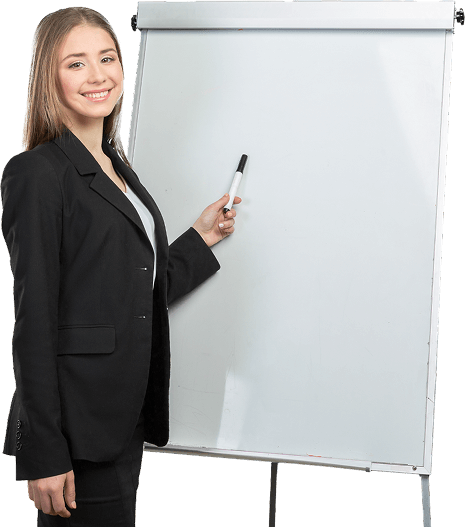 A business-suited woman holds a whiteboard