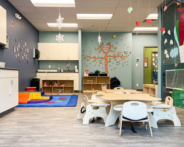 A colorful playroom filled with various toys