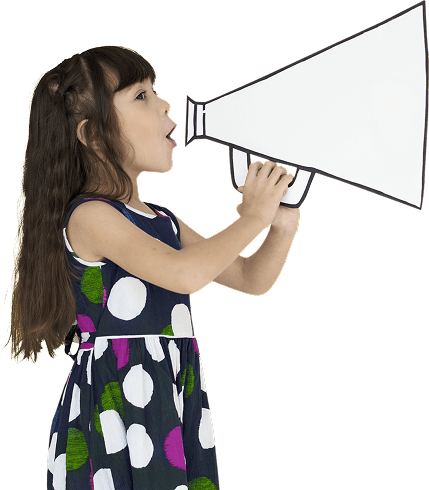 A young girl grips a megaphone